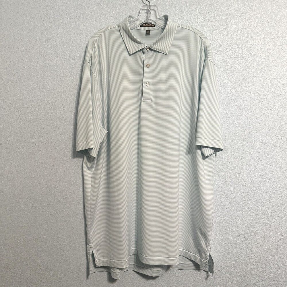 Peter Millar Summer Comfort White Blue Halford Stripe Polo Shirt Mens XL Stretch